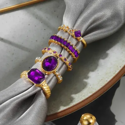 Vintage Purple Rhinestone Finger Rings (5 pcs)